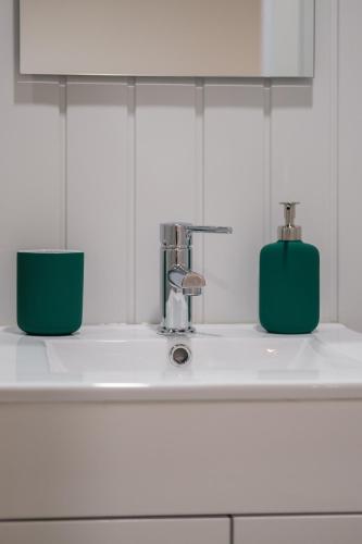 a bathroom sink with two green containers on it at BABhouse Garagem do Adro - Coração do Douro in Nagoselo do Douro