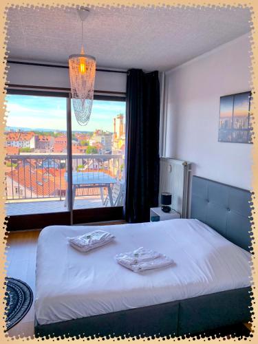une chambre avec un lit et une grande fenêtre dans l'établissement Square du Château, à Schiltigheim