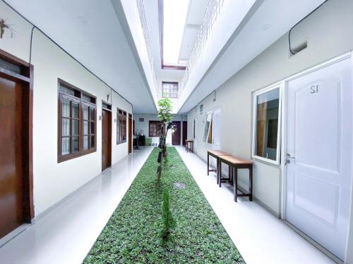 a hallway with a plant in the middle of a building at RedDoorz At Simpang Borobudur in Blimbing