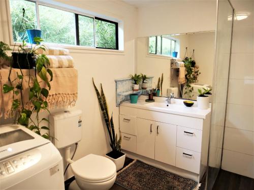 een badkamer met toilet en wastafel bij Orchard Cottage - modern Australian Sunshine Coast holiday cottage on organic farm nr beach in Valdora