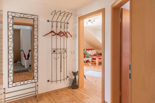 eine Katze, die vor einem Spiegel in einem Zimmer sitzt in der Unterkunft Haus Irene mit Balkon in Salem