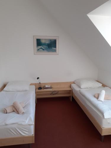 Zimmer mit 2 Betten und einem Schreibtisch. in der Unterkunft Penzion pivovarská restaurace Moravia in Brünn