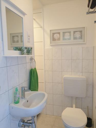 a bathroom with a white toilet and a sink at Apartment Villa Kronenberg in Bochum