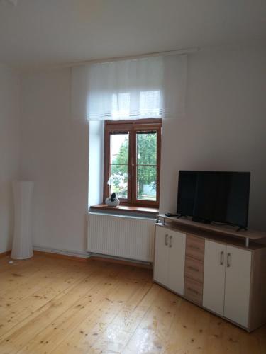 an empty room with a television and a window at Zámecký apartmán v Horní Plané in Horní Planá