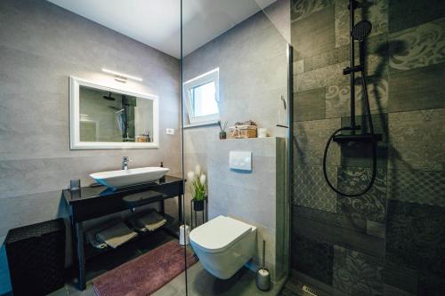 y baño con aseo, lavabo y ducha. en Luxury villa Tori in Imotski, pool en Lokvičič