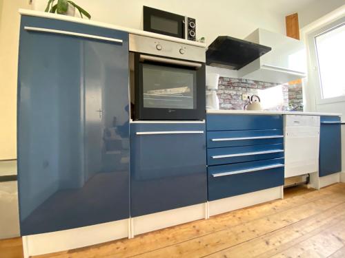 Kall的住宿－Alte Schule 2，厨房配有蓝色橱柜和炉灶。
