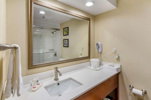 een badkamer met een wastafel en een grote spiegel bij Comfort Inn in Waynesboro
