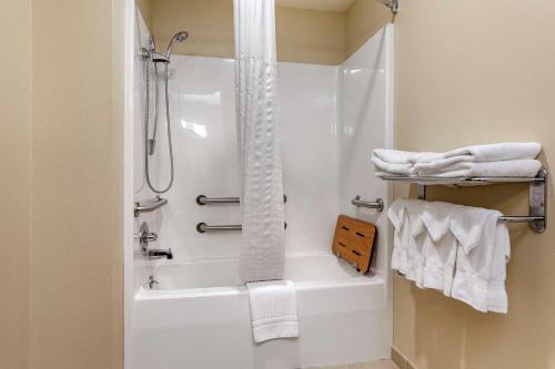 a bathroom with a shower and a bath tub with towels at Comfort Suites in Marquette