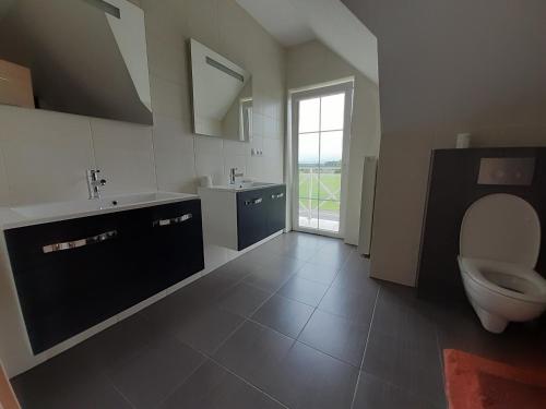 a bathroom with a toilet and a sink and a window at Domek mamy in Tykocin