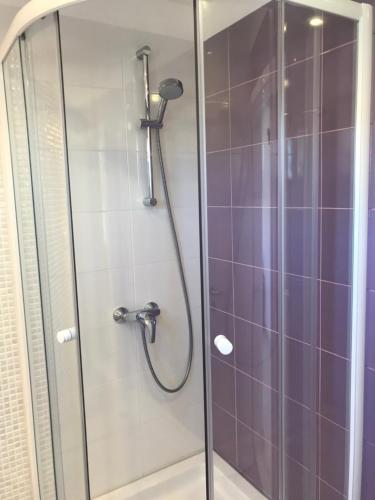 a shower with a glass door in a bathroom at Apartment Purple Loft in Hvar