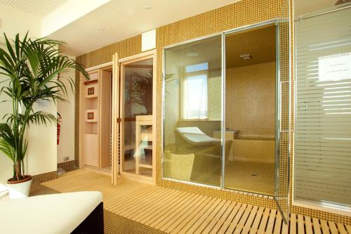 a glass shower in a room with a plant at Breaking Business Hotel in Mosciano SantʼAngelo