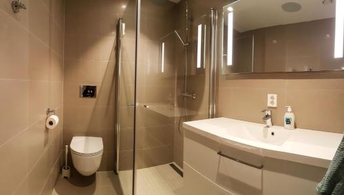 a bathroom with a shower and a toilet and a sink at New and Exclusive Cottage in Voss with a great view in Skulestadmo