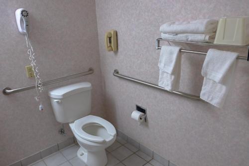 a bathroom with a toilet and towels and a phone at Rodeway Inn High Point - Archdale in Archdale