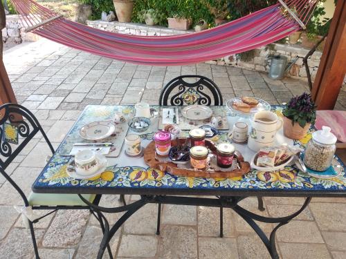 einen Tisch mit Essen und Tassen und Teller darauf in der Unterkunft Piccolo Trullo Ostunese Le Jardin de Sophie' in Ostuni
