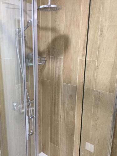 a shower with a glass door in a bathroom at Central & Charming Clérigos Appartments in Porto