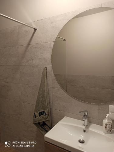 ein Bad mit einem Waschbecken und einem Spiegel in der Unterkunft Pojezierze wałeckie kusi atrakcjami in Wałcz