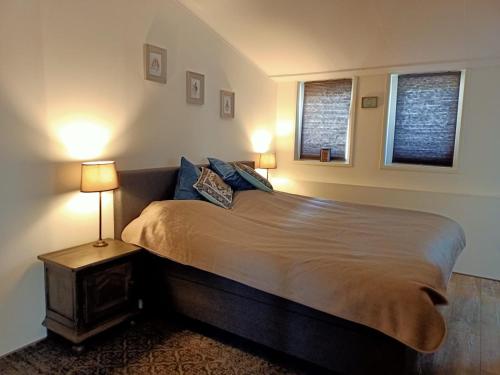 een slaapkamer met een groot bed en 2 ramen bij Bij de Vlaamse Schuur in Wagenberg