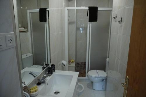a bathroom with a shower and a sink and a toilet at Los Trigos, Casa Rural in Montejaque