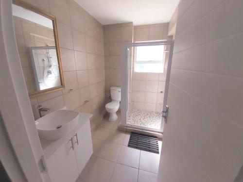ein Badezimmer mit einem Waschbecken, einem WC und einem Spiegel in der Unterkunft Ramsgate Palms B in Ramsgate