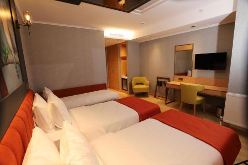 a hotel room with two beds and a desk at My Garden Hotel in Istanbul
