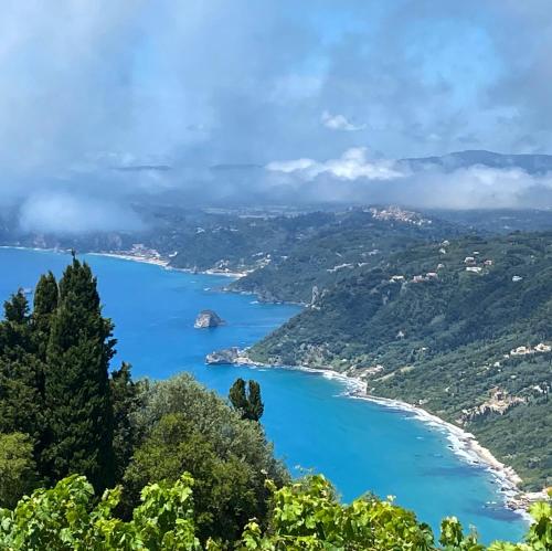 - une vue sur une plage d'eau bleue et d'arbres dans l'établissement Sebastian's - Agios Gordios Beach, à Agios Gordios