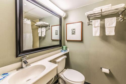 a bathroom with a sink and a toilet and a mirror at Rodeway Inn Conference Center Montgomeryville in Montgomeryville