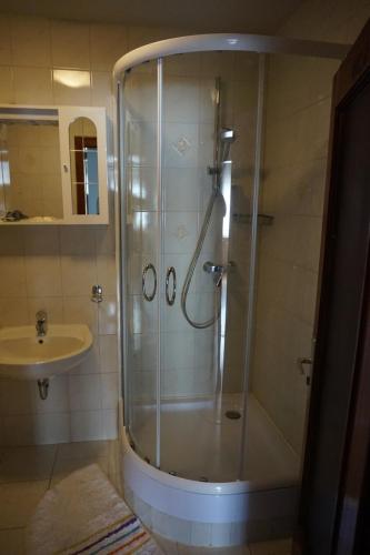 a bathroom with a shower and a sink at Bone To in Salzgitter