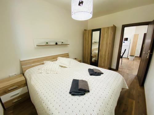 1 dormitorio con 1 cama con 2 toallas negras en Apartmán Sofia, en Tale