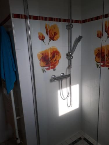 a shower stall with orange flowers on the wall at les quatres vents in Santec