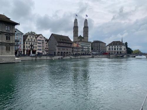 a river in a city with buildings and a bridge at Friendly Hostel Zürich in Zurich