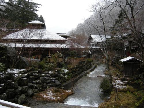 a stream in front of a house with snow at Houshi Onsen Chojukan in Minakami