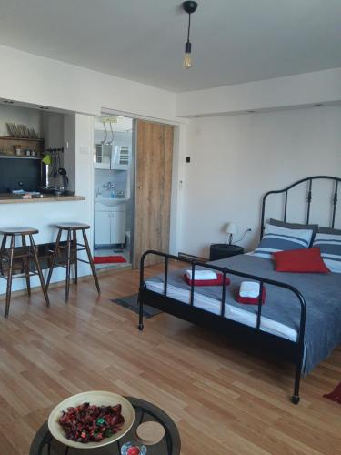a bedroom with a bed and a table and a kitchen at Alexandar in Belgrade