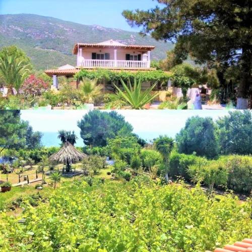 two pictures of a house and a garden at TETRAKTYS ESTATE beachside seaview ΥΔΩΡ with big garden in Halikounas