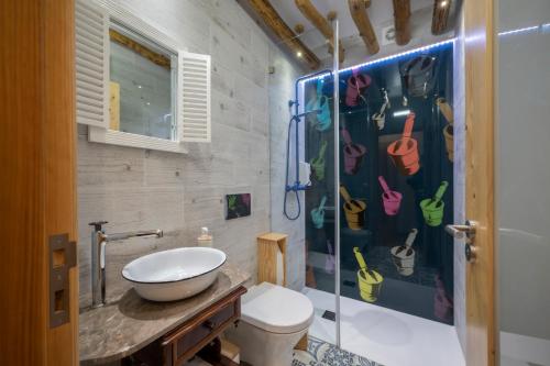 ein Bad mit einer Dusche, einem WC und einem Waschbecken in der Unterkunft Hostel O Torneiro in Pernes