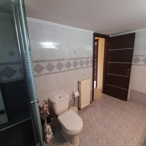 a small bathroom with a toilet and a door at Anatoli Studios in Áyios Fokás