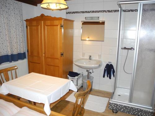 uma pequena casa de banho com um lavatório e um chuveiro em Mascherhof em Obertilliach