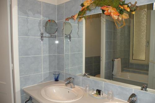 a bathroom with a sink and a mirror at Chambre d'Hôtes de L'Abricotier in Saint-Macaire