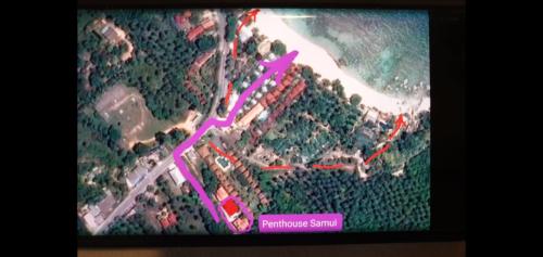 a map of a beach with a purple trail at Penthouse Crystal Bay Apartments in Ban Lamai