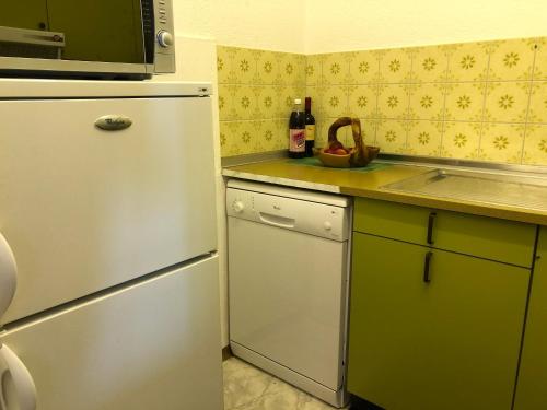 a kitchen with a refrigerator and a counter top at Wohnung mit See und Bergsicht im vier Sterne Hotel in Beatenberg