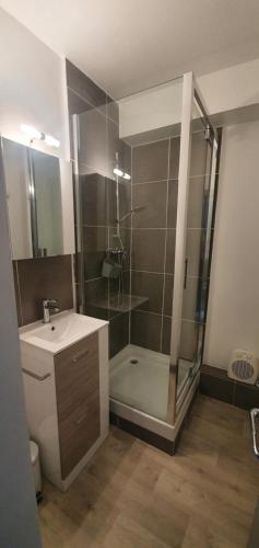 uma casa de banho com um chuveiro, um lavatório e um WC. em Studio 4 à 5 personnes Saint Jean Montclar em Montclar