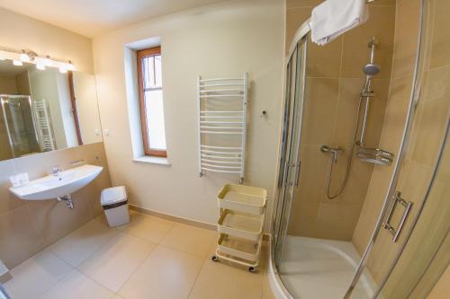 La salle de bains est pourvue d'une douche et d'un lavabo. dans l'établissement Parkowa 3, à Polanica-Zdrój