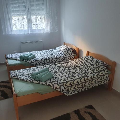 two twin beds in a room with a window at Apartman Holand in Banja Koviljača