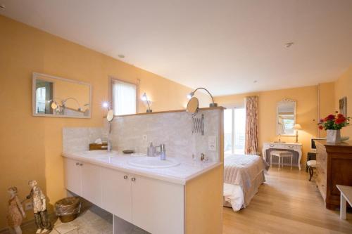 a bathroom with a sink and a bed in a room at La Terre d'Or in Beaune