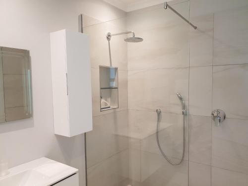 a bathroom with a shower with a glass door at Villa Karibu in Tokai
