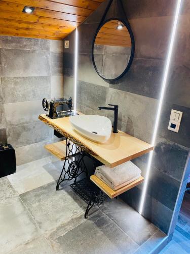 a bathroom with a sink and a mirror at L’hippocampe in Wangenbourg