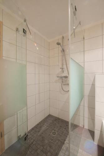 une douche avec une porte vitrée dans une salle de bain dans l'établissement La Pénate des 3 Châteaux, à Husseren-les-Châteaux