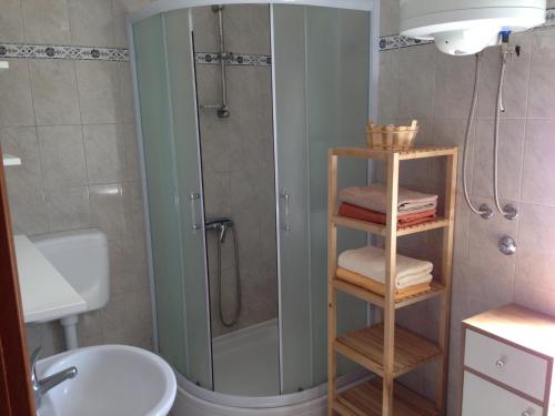 ein Bad mit einer Dusche, einem WC und einem Waschbecken in der Unterkunft Apartment and Studio Jelušić in Pinezici
