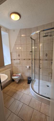 La salle de bains est pourvue d'une douche, d'une baignoire et de toilettes. dans l'établissement milanoannaberg 2, à Annaberg-Buchholz