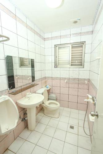 a bathroom with a toilet and a sink at 進泉莊民宿 有卡拉ok可以烤肉可以帶寵物 in Miaoli