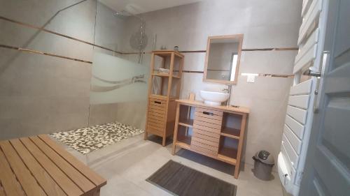 y baño con lavabo y ducha. en Aux Portes Du Marais, en Ceyzérieu